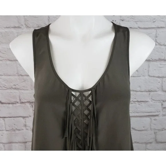 BCBGMaxAzria Mura Top/Tank ~ Dark Green/Olive Fringed 100% Silk ~ Size Small - Picture 3 of 9